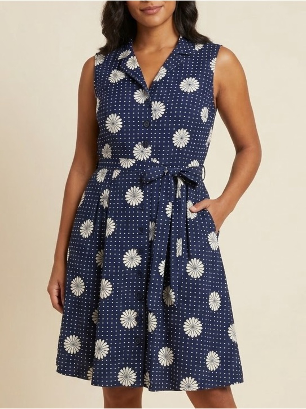 ModCloth Daisy Navy Blue Floral Button Shirt Dress 14 Retro Twee Cottagecore
